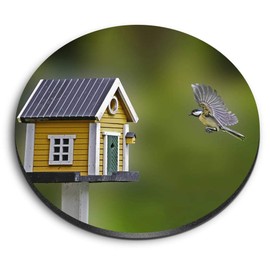 Round MDF Magnets - Flying Blue Tit Bird House Garden 21225