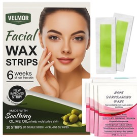Velmor Facial Wax Strips for Hair Removal – 30 No-Heat Strips (15 Sheets) for Face, Eyebrows, Upper Lip & Chin, No Heat Wax Strip