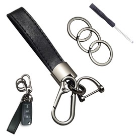 OIHCAZ Leather Car Keyring, Gunmetal Key Chain Holder with Anti-Lost D Buckle, Detachable & Rotatable Wristlet Keyrings for Universal Auto Car Men Women Accessories