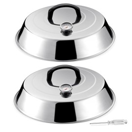 HaSteeL 12Inch Melting Dome for Griddle, Stainless Steel Basting Cover with Thermometer, Large Round Steaming Cover Lid for Flat Top Teppanyaki BBQ Camping Cooking Grilling, Indoor & Outdoor (2 Piece)