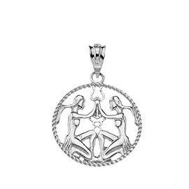 Solid 925 Sterling Silver Round Gemini Zodiac Sign Twisted Style Rope Charm Pendant