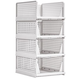 VECELO 4 Pack Plastic Closet Shelf Organizer, Stackable Sweater Storage Closet Drawers, Foldable Wardrobe Organizer, Easy Assembly, Durable and Space Saving for Closet, Bathroom, Kitchen, Gray