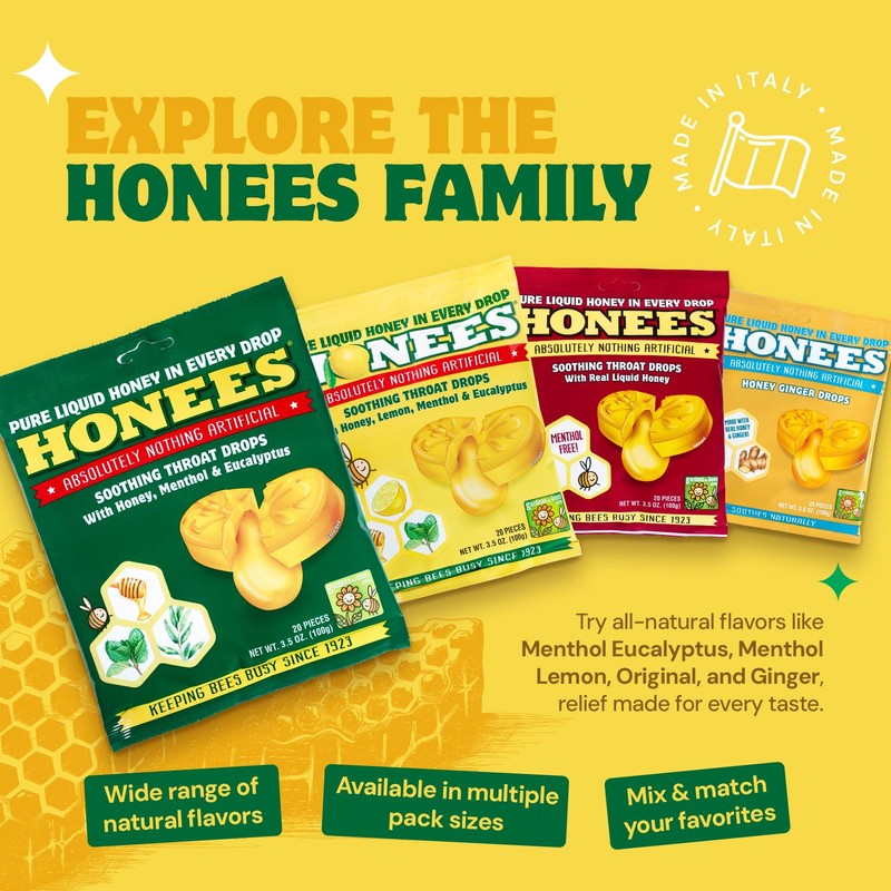 Honees Honey Menthol Cough Drops - 20-Piece, Single Pack Honey-Filled