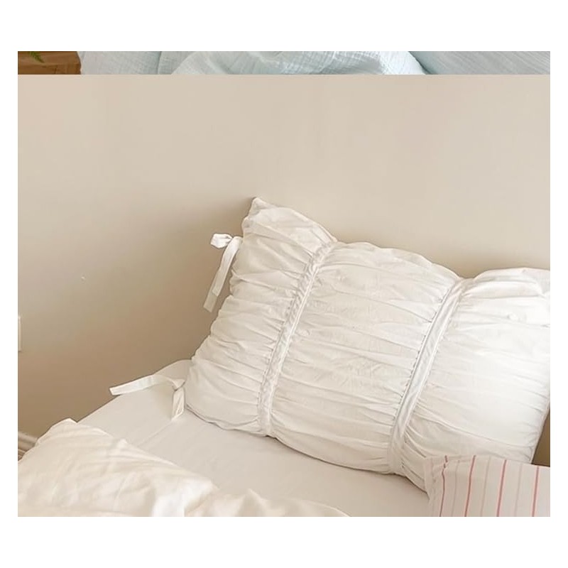 Pure Cotton Pillow Cases With Bow Sham White Pinch Pleated