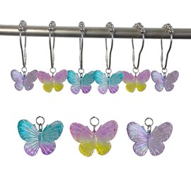 Butterfly Shower Curtain Hooks Rings,12Pcs Colorful Resin Pendants Accessories, Rustproof Rings Insect Garden Nature Theme Home Bathroom Decoration (Purple Pink Blue Pink Yellow)
