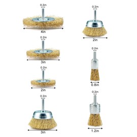 Wire Brush Drill Set 7 Pieces Brass-Plated Steel Brush Cordless Screwdriver with Round Shaft 6 mm Disc Brush Cup Brush Wire End Brush for Cleaning Rust Removal Colour Deburring