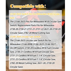 23-66-2635 M18 Circular Saw Switch Replacement Parts Fits For Milwaukee 2730-21 2731-21 2731-22 2631-20 Replace # 23-66-2635 23-66-0098