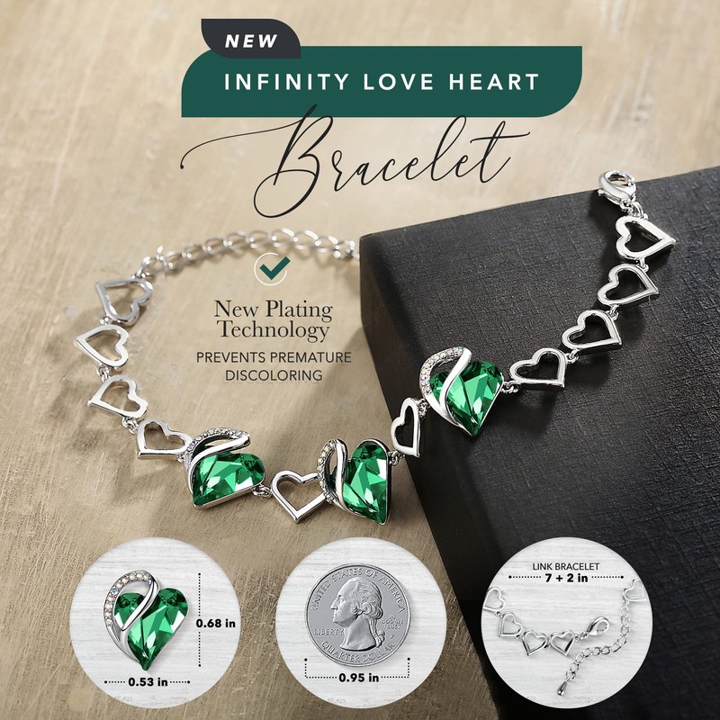 Leafael Infinity Love Heart Link Bracelets, May Birthstone Crystal Bracelet