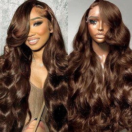 TESCOGOYS Chocolate Brown 13x6 HD Lace Front Wigs Human Hair 28 Inch Body Wave Lace Front Wigs Human Hair Pre Plucked with Baby Hair 4# 180% Density Brown Glueless Hair Wigs for Women