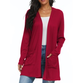 QIXING Womens Cardigans with Pocket Lightweight Long Sleeve Open Front Cardigans for Women UK Elegant Casual Ladies Boyfriends Cardigans for Spring Summer Autumn (Red, L)