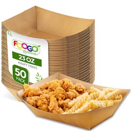 FOOGO Green 50pcs Party Paper Food Trays 680ml (23oz), FSC® Certified, 21.7x17.3x6.5cm, Preassembled Large Takeaway Food Boxes, Eco-Friendly Water & Oil-Proof, Disposable Cardboard Serving Trays