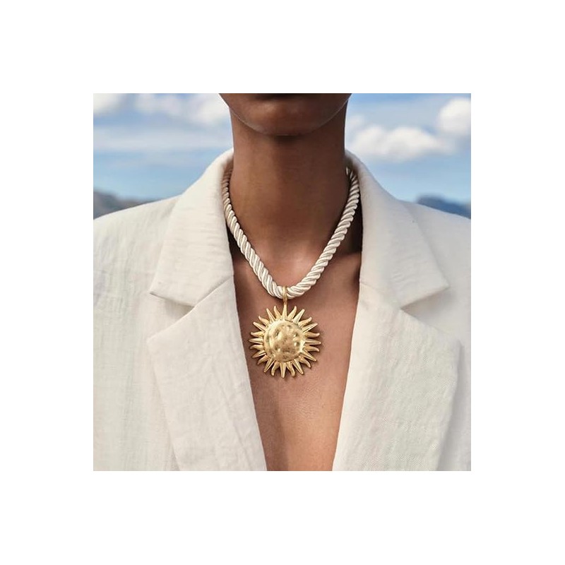 DIONFEI Exquisite Gold Sun Pendant Beige Rope Necklace - Retro