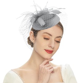 JNGUOSICN Women Fashion Fascinators Hat Retro Pillbox Hat Hair Clip Wool Felt Bow Headwear Headband with Feather Veil Wedding Tea Cocktail Party Grey