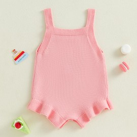 First Birthday Outfit Girl Sleeveless Bow One Embroidered Crochet Knit Romper Baby girl 1st Birthday Clothes Summer One Piece (Pink, 6-12 Months)
