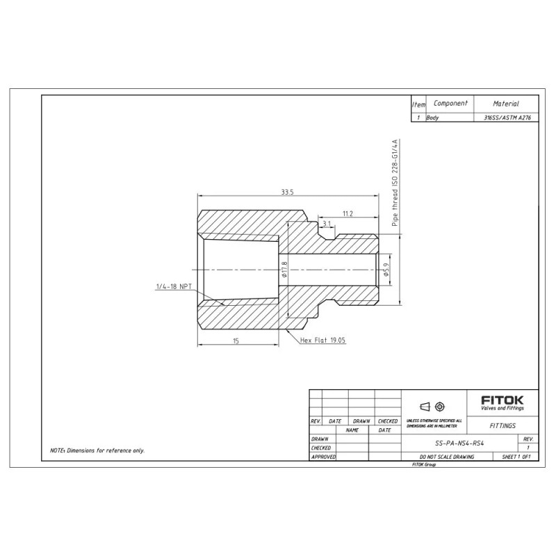 FITOK 316 SS Adapter 1/4" Female NPT × 1/4" Male