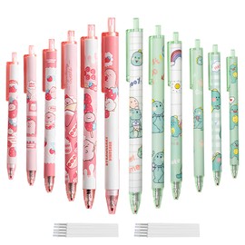 XIACIBDUS 12pcs Retractable Gel Ink Pens, 0.5mm Cute Ballpoint Pens with 10pcs Black Refills, Kawaii Cartoon Rollerball Gel Pens Set, Office School Supplies Gifts for Girl Women Kids