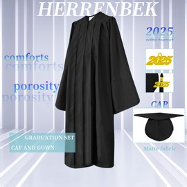 Herrenbek Matte Graduation Cap and Gown 2024 2025 Tassel Adults Set for High School and Bachelor, Black, 45FF