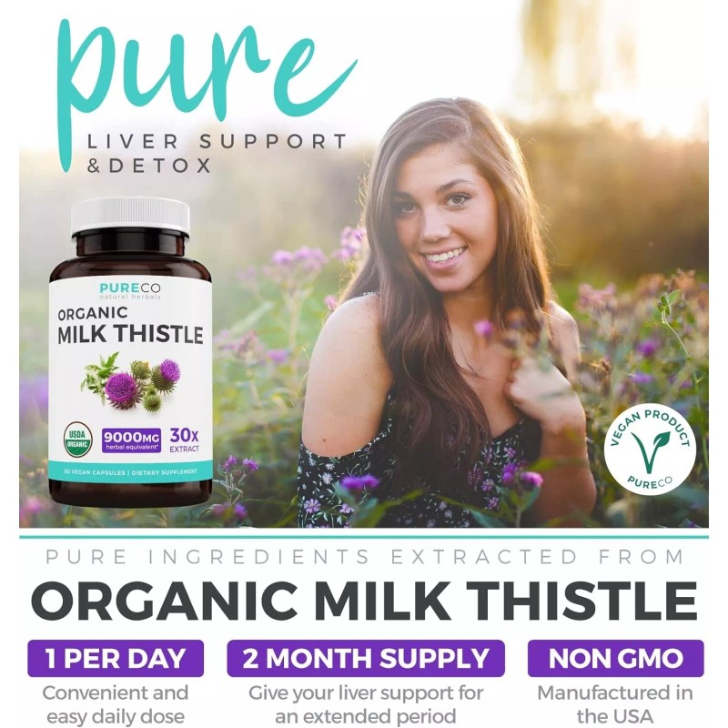 PureCo Organic Milk Thistle Capsules 80% Silymarin 9,000mg of Milk