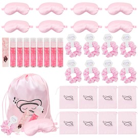 TKNOUS Sleepover Party Supplies for Women 8 Sets 32 Pcs Slumber Party Supplies with Satin Eye Mask Satin Hair Scrunchies Lip Gloss Gift Bag for Sleepover Slumber Birthday Party (Pink)