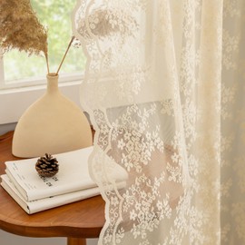 YJ YANJUN Beige Lace Curtains 72 inch Length Victorian Flower Voile Sheer Curtains Privacy Net Curtains for Dining Room Bathroom Bay Window Farmhouse Vintage Boho French Country Room Decor 52x72