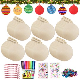 Christmas Tree Decoration Wood, 158 Pieces Craft Set Christmas, Painted Wooden Christmas Decoration Pendant, Snowflake Angel Stars Lantern Shape Wooden Disc with Cords for Christmas Tree DIY Pendant