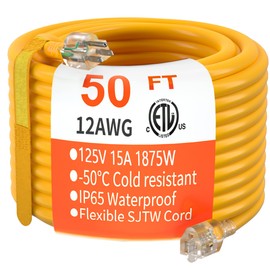 HUANCHAIN 50 ft 12/3 Gauge Heavy Duty Outdoor Extension Cord Waterproof with Lighted, Flexible Cold Weather 3 Prong Electric Cord Outside, 15A 1875W 125V 12AWG SJTW, Yellow, ETL Listed
