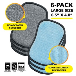 Original Scrub-N-Wipe Pad by Tuff-Scrub, 6-Pack, Microfiber, Multi-Surface, Non-Scratch, Dual-Sided, Scrubber for Dishes, Sinks, Non-Stick Cookware – Machine Washable, Durable Kitchen Sponge (Large)