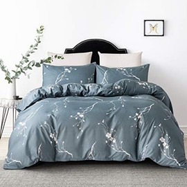 HSKIKWN Blue Duvet Cover Set Microfiber King Comforter Set Plum Blossom Pattern 104"x90" with 2 Pillow Shams Ultra Soft Hypoallergenic Hotel 3PCS White Floral Bedding Set