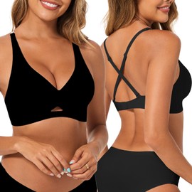 Deep V Bra Plunge Backless Bras for Women Convertible Low Back Bra Invisible Seamless Push Up Bralette Clear Strap, Black, L