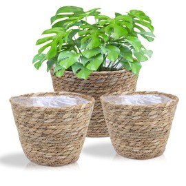 JNRFTY Set of 3 Plant Baskets, Flower Baskets, Woven Old Seagrass Baskets, Hand-Woven Planters, Flower Pot, Plant Basket