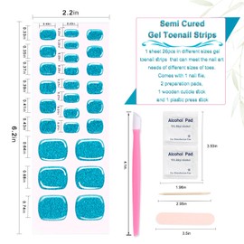 XEAOHESY 26pcs Semi Cured Gel Toe Nail Strips, Pedicure Nail Strips, Toe Nail Stickers, Needs to Be Cured, Come With Nail File, Wood Cuticle Stick, Prep Pads, Plastic Press Stick（Blue+Glitter）