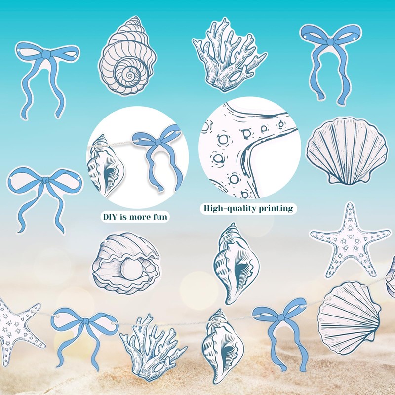 ZEYIYER 13Ft Blue Bow Starfish and Seashell Banner, Summer Coastal