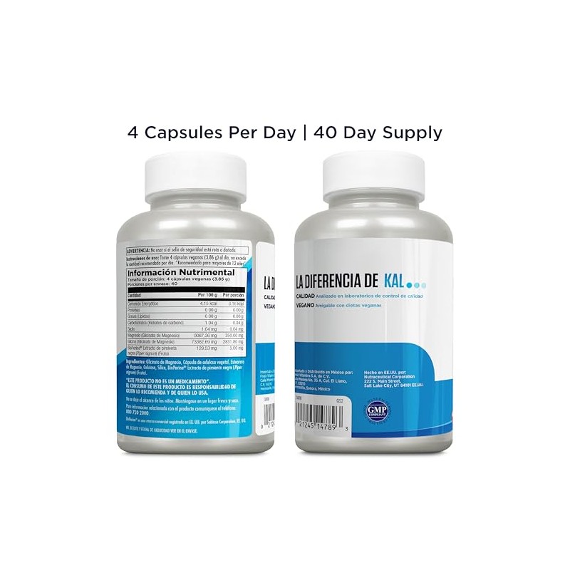 KAL Glicinato de Magnesio Magnesium Glycinate con BioPerine 160 Cápsulas
