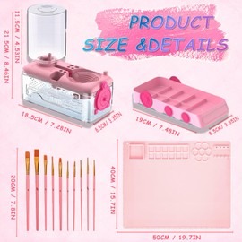 Velachuan Paint Brush Cleaning Kit for Kids with 5 Brushes, Art Smock, Washable Mat, Guidebook, Spiral Brush Cleaner Jar for Watercolor (Pink)