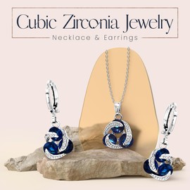Crystalline Azuria Round Blue Simulated Sapphire Zirconia Crystals Set Pendant Necklace 18 inches Earrings 18K White Gold Plated