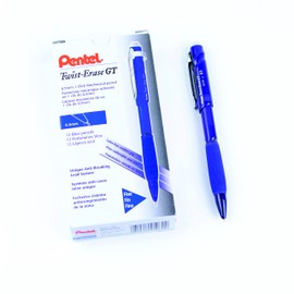Pentel Twist-Erase GT Retractable Mechanical Pencil, 0.5mm Fine Point, Writing, Drawing, School Supplies, Large Retractable Eraser, Blue Transparant Barrel, QE205-C, Box of 12