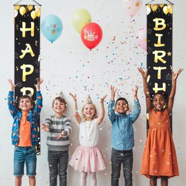 Classicseali Birthday Door Banner - Black & Gold Happy Birthday Banner - Birth day Door Banners for Men, Black Gold Porch Sign Party Supplies