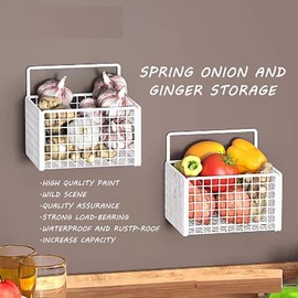 Wire Storage Baskets, Metal Wire Hanging Storage Basket Hanging Kitchen Baskets Wall Mounted Wires Container Small Basket Wall Holder Bathroom Organizer for Kitchen(White)