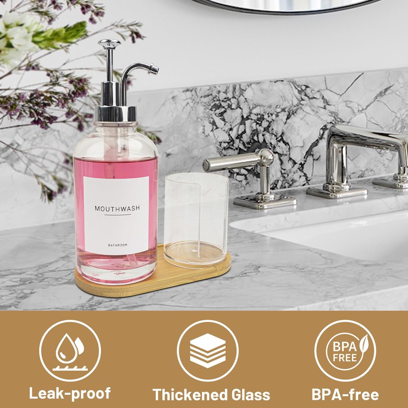 Ezebesta 17OZ Mouthwash Clear Glass Pump Dispenser with Disposable Mouthwash