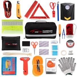 STDY Car Roadside Emergency Kit, Vehicle Truck Safety Road Side Assistance Kits Auto Accessory, with Jumper Cables, Portable Air Compressor, etc