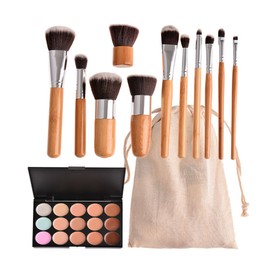 Makeup Brush Set Cream Concealer Palette Wooden Bamboo Handle Carrying Pouch