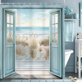 Riyidecor Extra Long Blue Beach Barn Door Shower Curtain Ocean Coastal Seaside Rustic Scenery Farmhouse Wood Plank 72Wx78H Inch Retro Western Fabric Decor Bathroom Polyester Waterproof 12 Pack Hooks