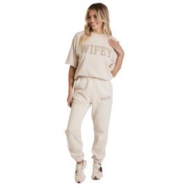 Six Stories Collegiate-Inspired Wifey Tee w/Soft Teddy Applique | Boxy Fit Shirt for Honeymoon Lounging in Champagne | Ideal Gift for Anniversary, Birthday, Bachelorette Party or Wedding | X-Small