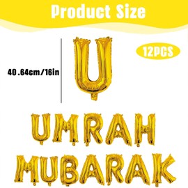 12PCS Umrah Mubarak Ballons, Umrah Mubarak Decoration, عمرة مبارك Gold Foil Letter Balloons for Ramadan Muslim Eid Umrah Mubarak Decorations Party Supplies