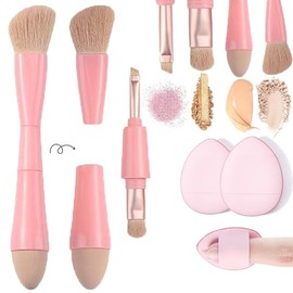 Viaje rochas para maquillaje, Brochas de Viaje, 4 en 1 Juego de brochas de maquillaje, brocha para base de doble punta para base, corrector, cejas, sombra de ojo, con 2 esponjas cosméticas (Rosa)
