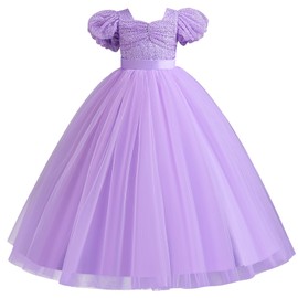 IDOPIP Flower Girl Sequin Lace-up Bowknot Dress for Kids Wedding Bridesmaid Pageant Party Formal Long Maxi Gown Big Little Princess First Communion Birthday Prom Puffy Tulle Dresses Purple 13-14 Years