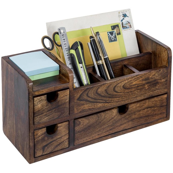 MyGift Solid Mango Wood Desktop Office Supplies Organizer with 3