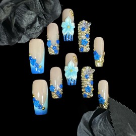 Handmade 3D Floral Press On Nails, Medium Long Square Shape, Blue Gradient with Rhinestones, Gold Beads, Reusable Acrylic False Nails (Blue enchantress, S)