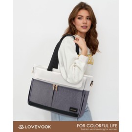 LOVEVOOK Upgrade Version Work Bags for Women 15.6 Inch Laptop Bag Large Capacity Mutiple Pockets Teacher Bag Water Resistant Canvas Tote Bag Purse for Office Travel College Nurse Teacher, Gray Beige