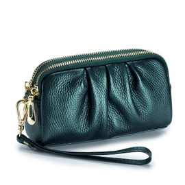 Wristlet Wallets for Women Genuine Leather Wristlet Purses Ladies Ruched Wristlet Clutch Wallet Purses, Green